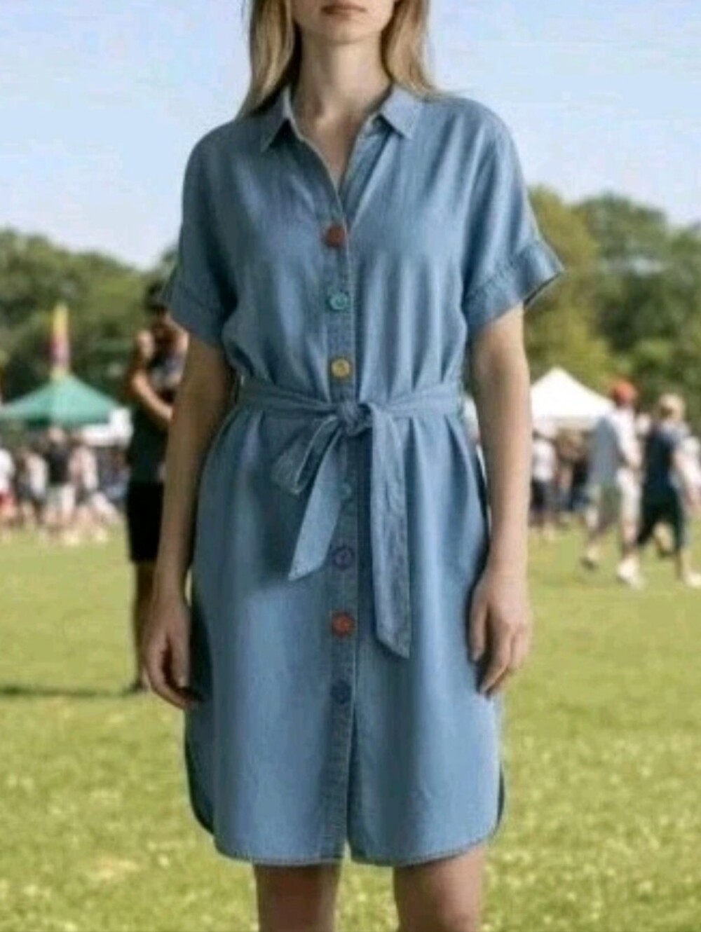 Chelsea & Theodore Women’s Light Blue Denim Dress Colorful Buttons Sz L - Picture 2 of 7